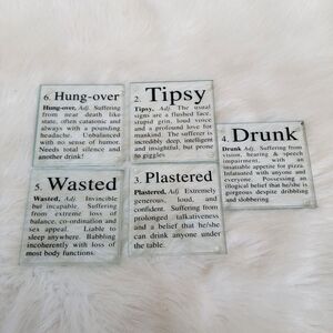 Kikkerland Set Of 5 Drunk Glass Novelty Coasters,  4” x 4” Funny Word Coasters